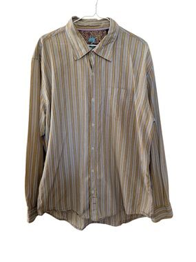 7 For All Mankind Men’s Button Up Shirt Size XL Yellow Tan Blue Striped